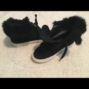 Vince black fur trimmed suede sneakers